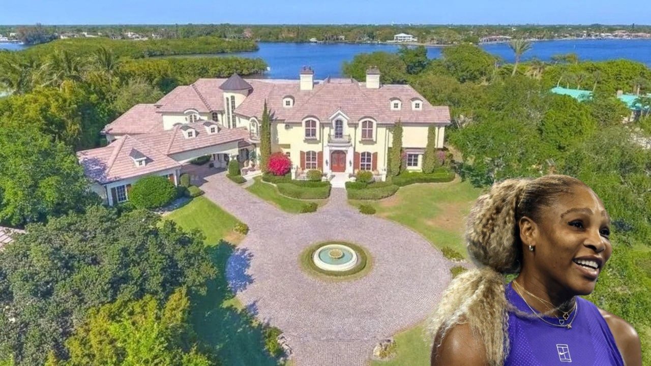 Aerial view of Serena Williams' Florida mansion, showcasing its elegant architecture and surrounding lush landscaping.