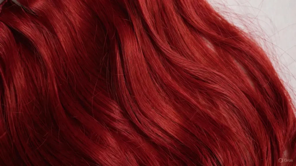Vibrant red hair extensions neatly arranged on a neutral background, showing silky smooth texture and shiny finish.
