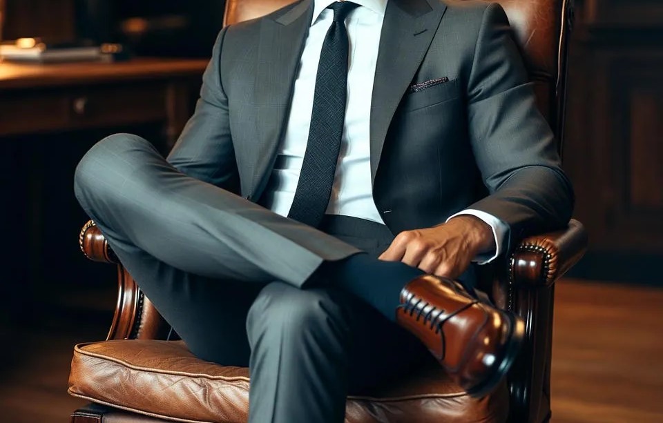 Man wearing Lou Batten dark brown leather shoes while sitting on a chair