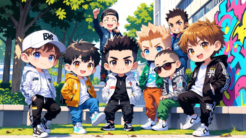 Cartoon of a group of dashing boys standing together, wearing trendy outfits, confident and stylish.