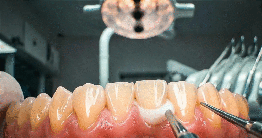 Dentist applying resin material during dental bonding treatment