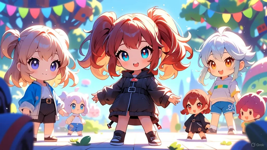 Cartoon of girls standing together wearing trendy outfits, smiling and looking happy.