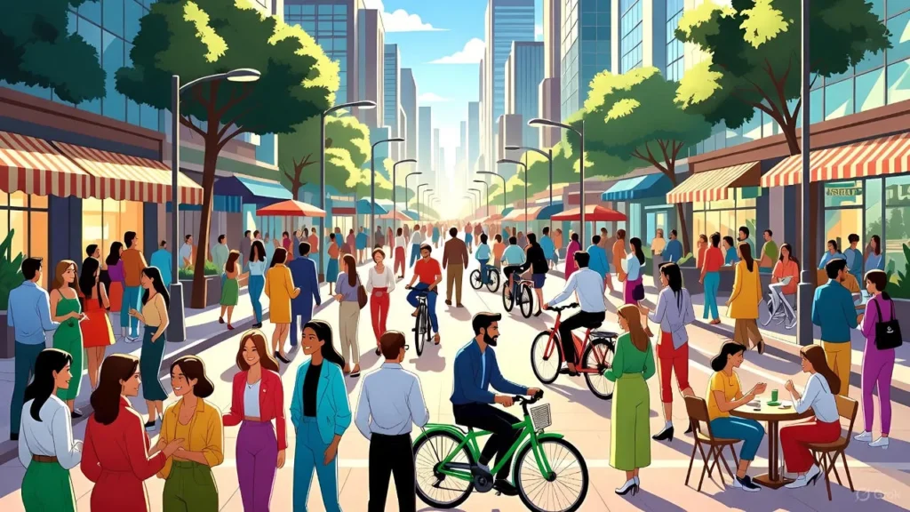 Cartoon of several people standing together outdoors, wearing casual clothes, with a lively background.