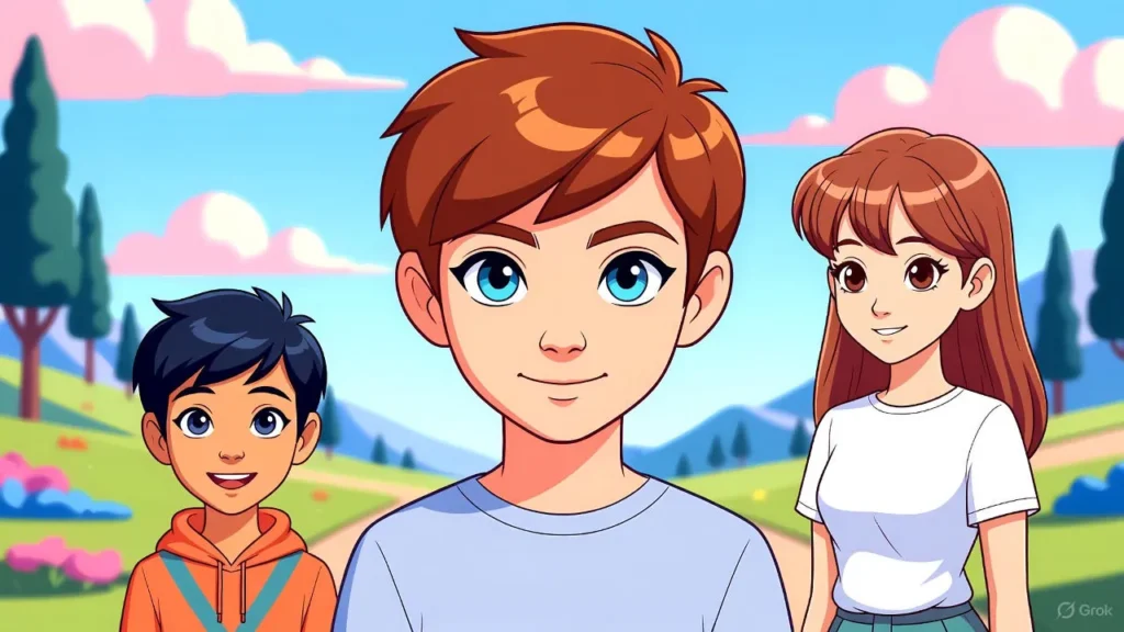 Cartoon of two boys and one girl standing together, wearing trendy outfits, smiling and having fun.