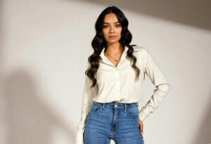 Woman wearing stylish trouser jeans for a polished casual look