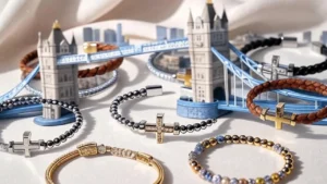 Fashion-forward woman wearing cross bracelets in natural lighting