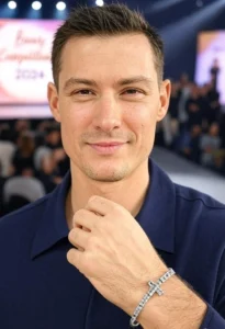 Man wearing cross bracelets in casual outdoor fashion