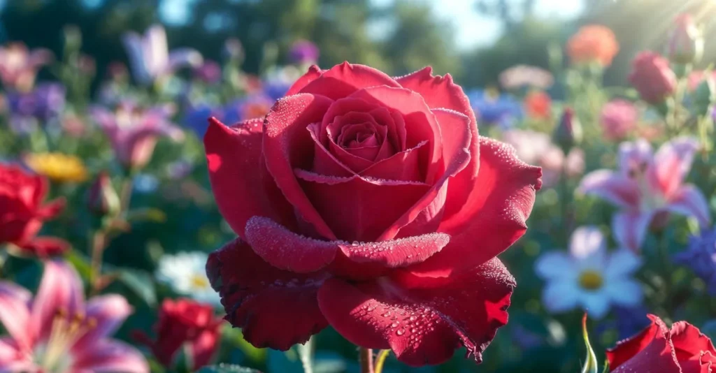 Deep red American Beauty rose with lush petals