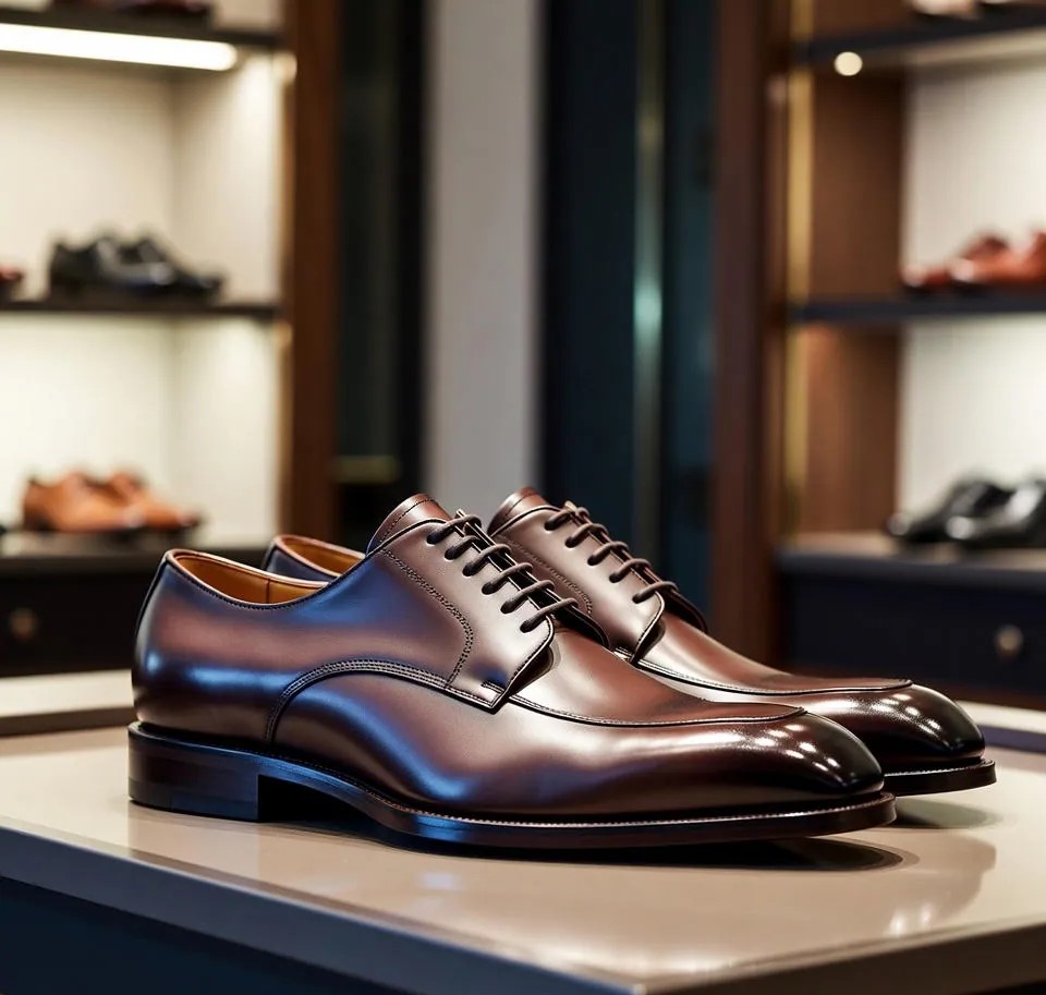 Lou Batten dark brown leather shoes displayed neatly on a wooden table