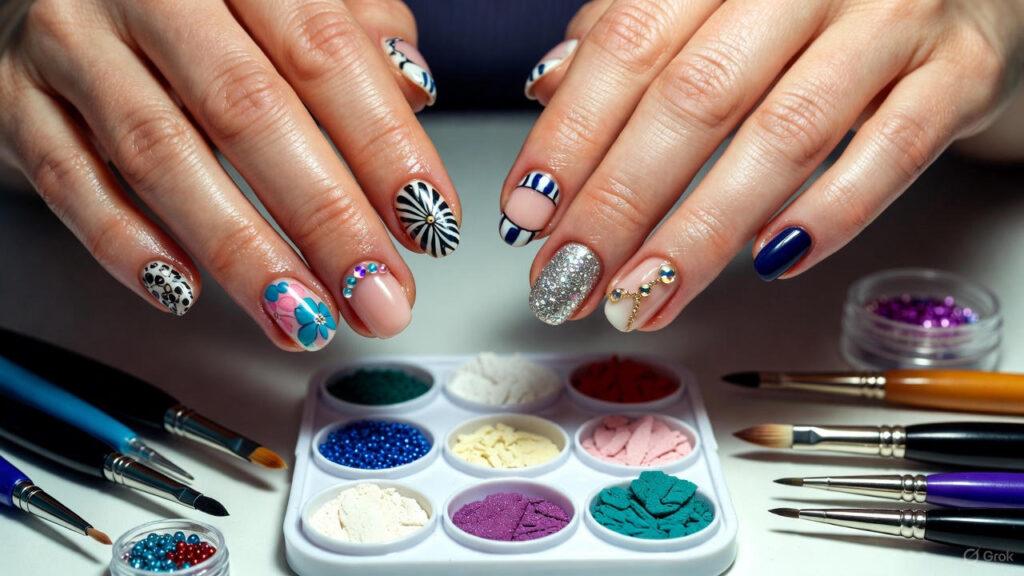 Intricate floral nail art with bright colors