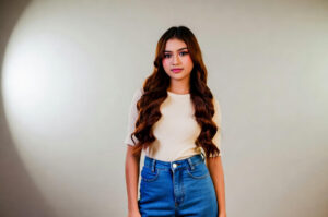 Close-up of women’s trouser jeans with elegant tailored fit