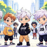 Four anime boys standing together in a colorful outdoor scene