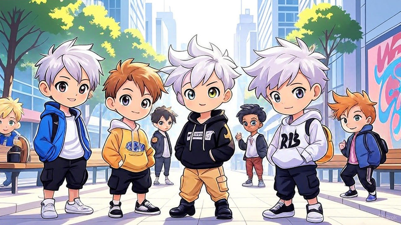 Four anime boys standing together in a colorful outdoor scene