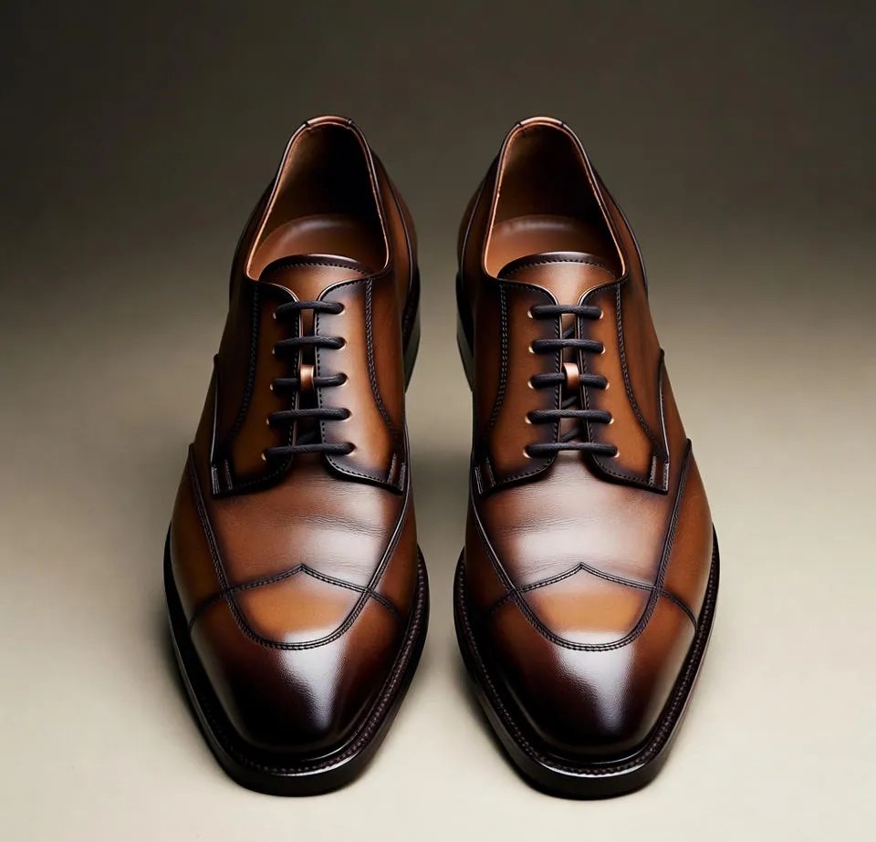 Dark brown Lou Batten leather shoes placed on a smooth surface, showcasing polished texture, detailed stitching, and luxury craftsmanship, product photography style.