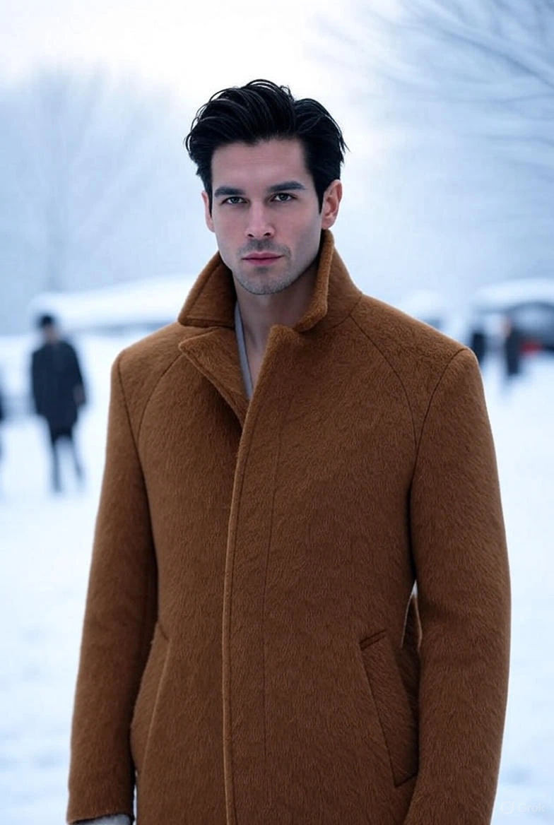 A sophisticated man standing confidently in an urban winter setting, wearing an elegant wool coat.