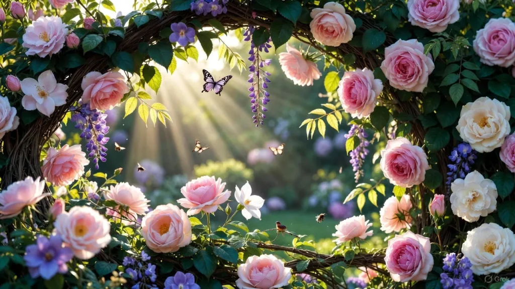 Colorful flowers glowing beautifully under warm sunlight with natural light effects