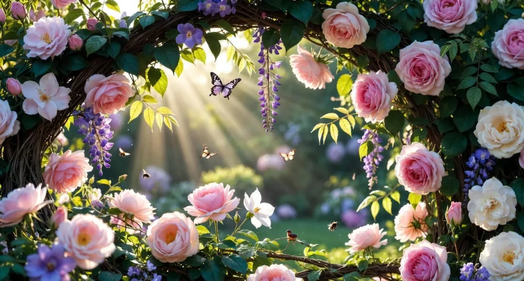 Colorful flowers glowing beautifully under warm sunlight with natural light effects