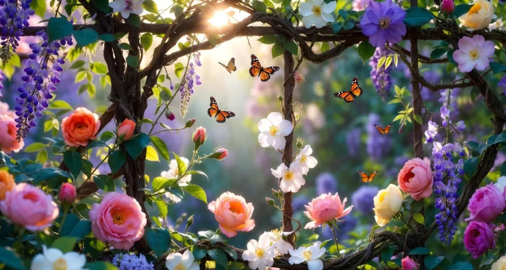 Trellis beauties glowing under morning sunlight in a peaceful garden