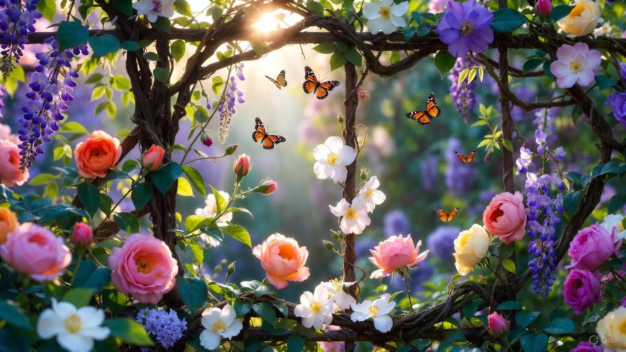 Trellis beauties glowing under morning sunlight in a peaceful garden