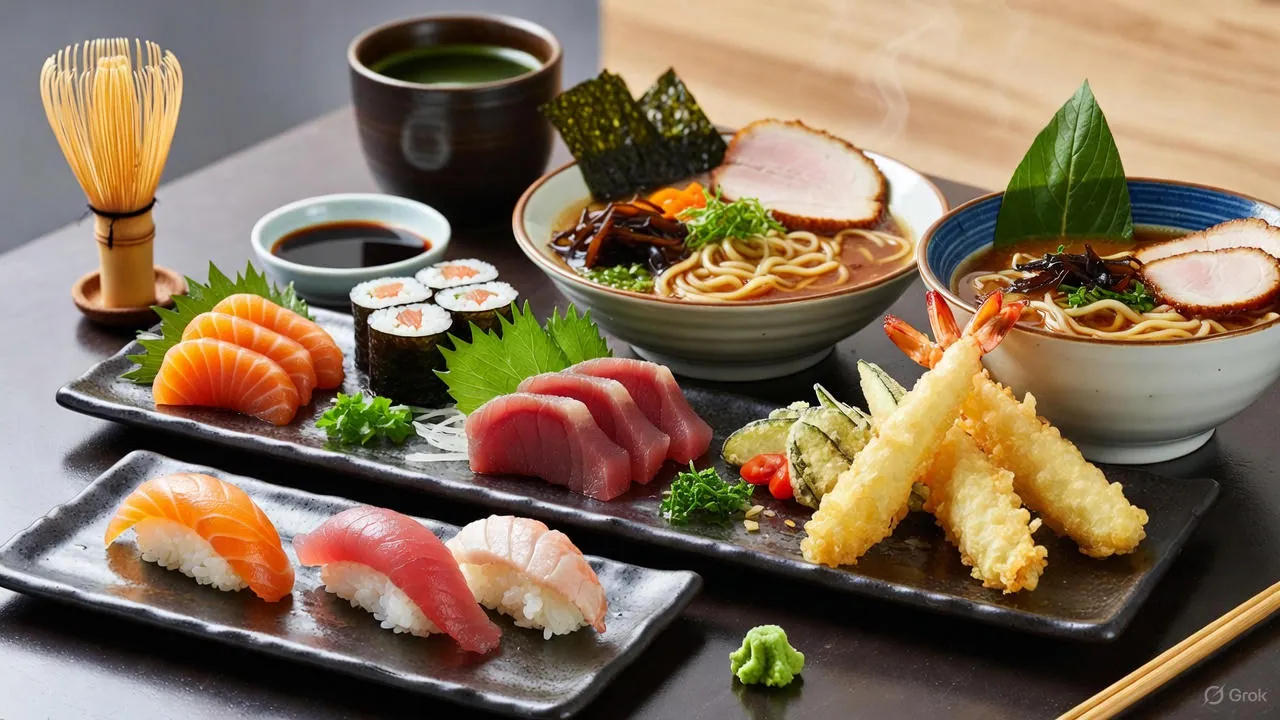 Assorted Japanese dishes including ramen, tempura, and sushi