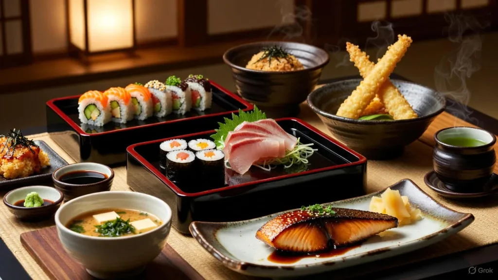 Assorted nigiri sushi with salmon, tuna, and eel on wooden board