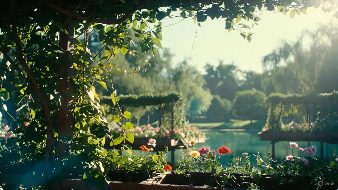 Beautiful flowers blooming outside near a calm lake under warm sunlight