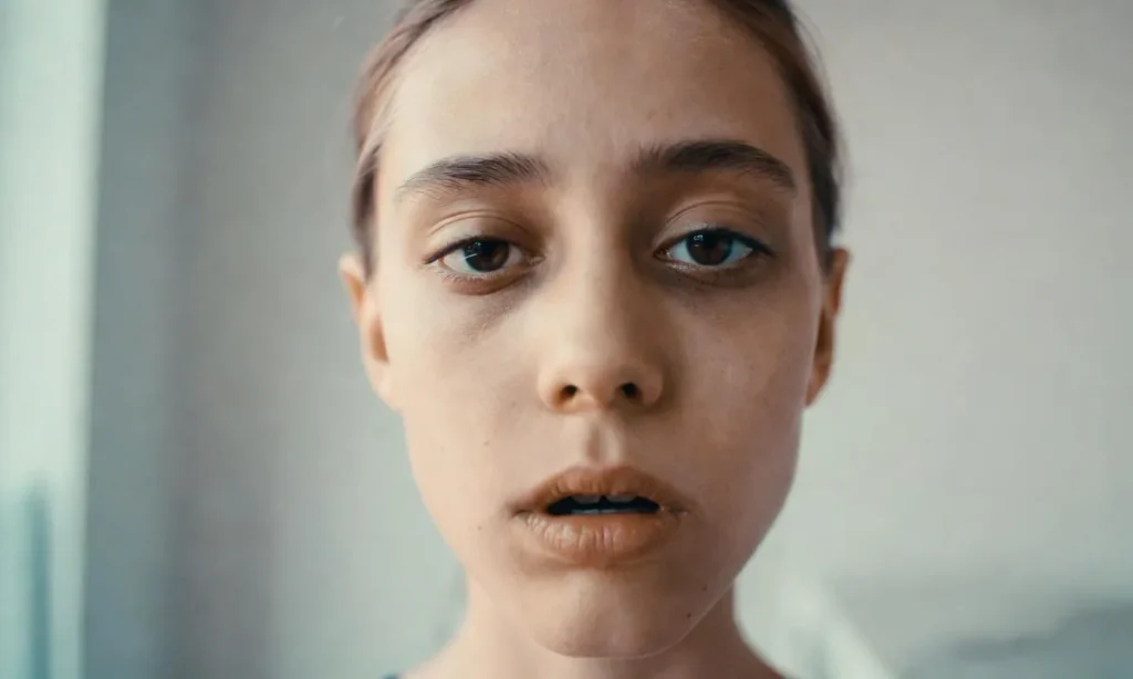 Woman showing signs of mouth breather face.