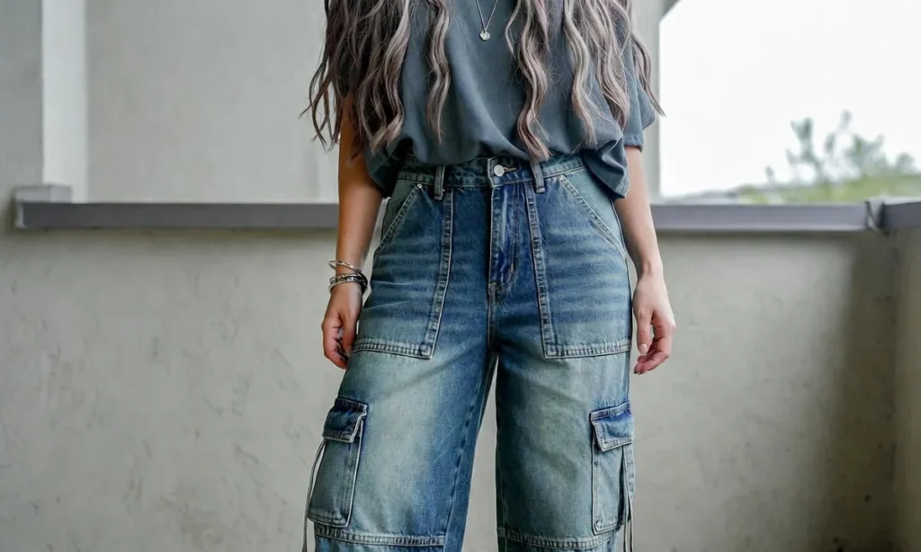 Woman wearing high-waisted blue cargo jeans.