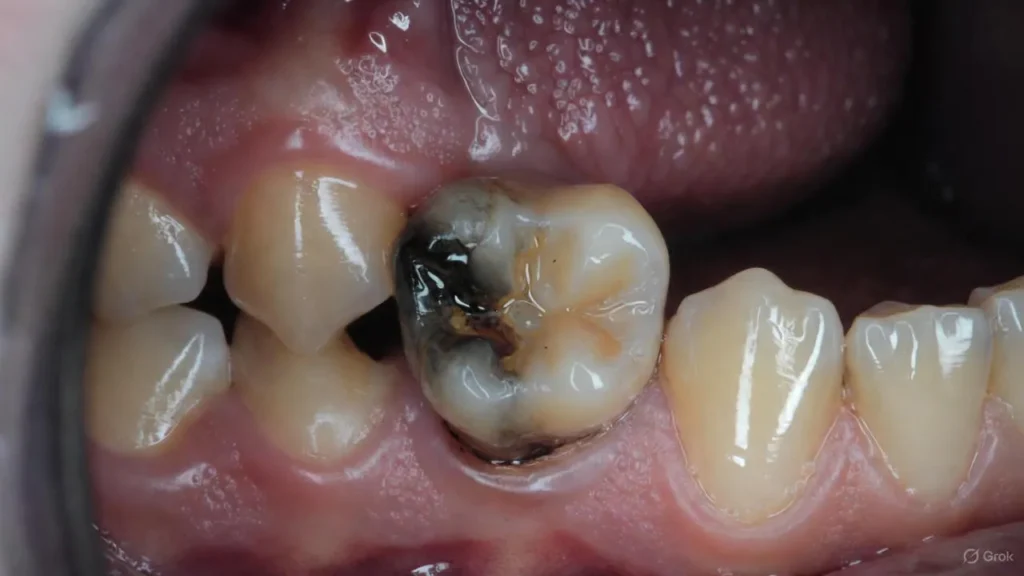 Discolored dead tooth showing grey enamel and darkening near the gumline.