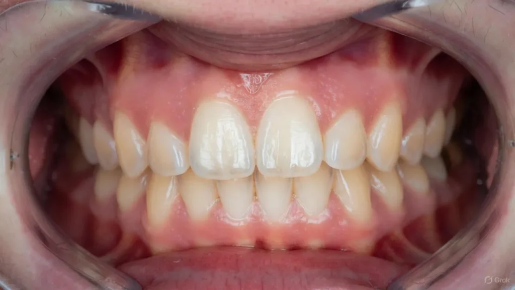 Close-up image of a dead tooth with visible greyish discoloration, darkened enamel, and surrounding healthy teeth.”