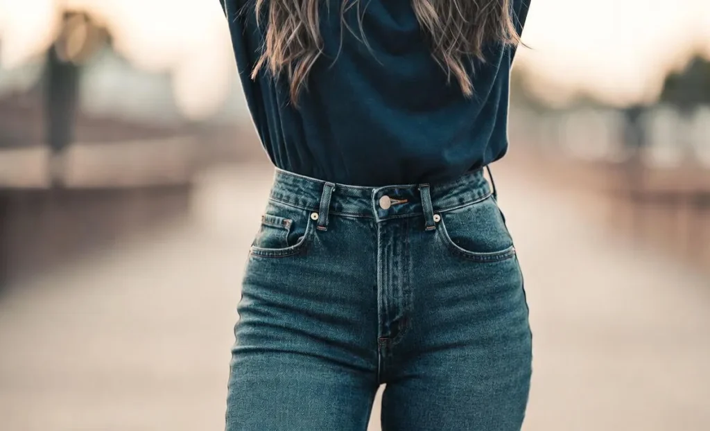 Woman wearing high-waisted blue skinny jeans.