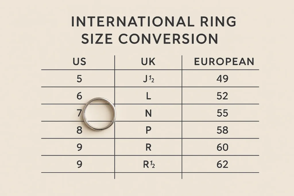 International ring size conversion chart: US, UK, EU.