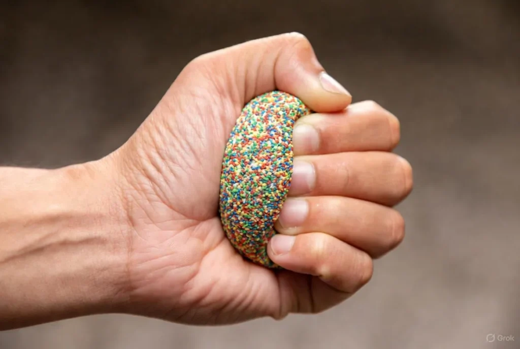 Hand squeezing a stress ball for trigger finger exercise.