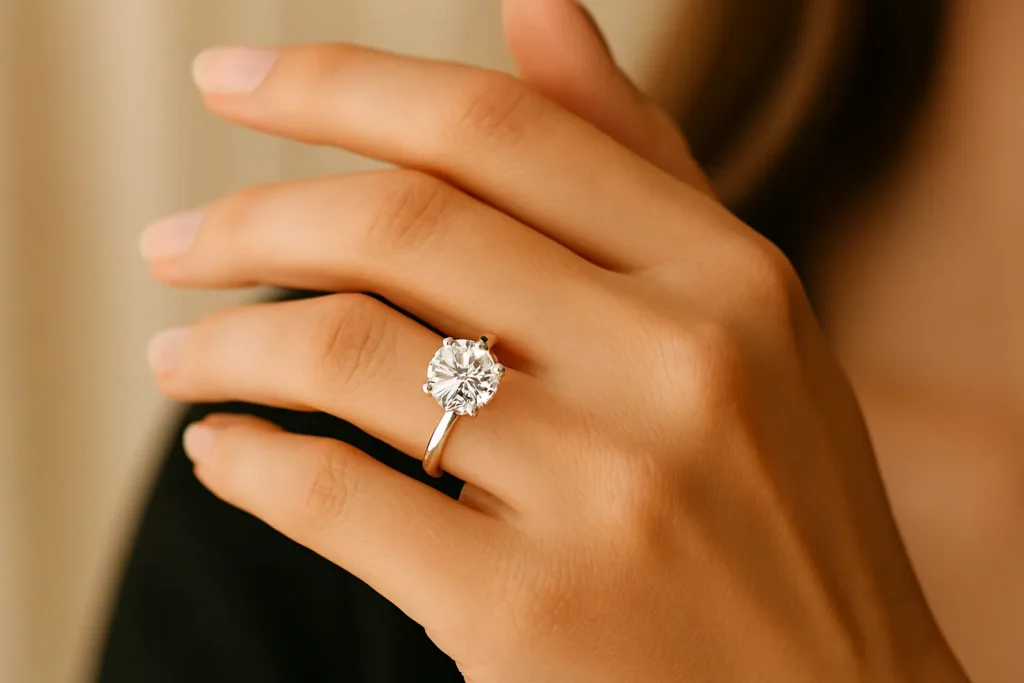 Hand wearing platinum engagement ring
