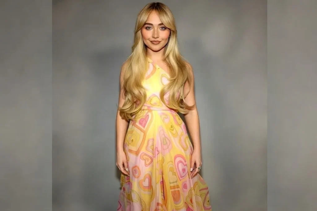 Heart-patterned dress on woman, fully covered